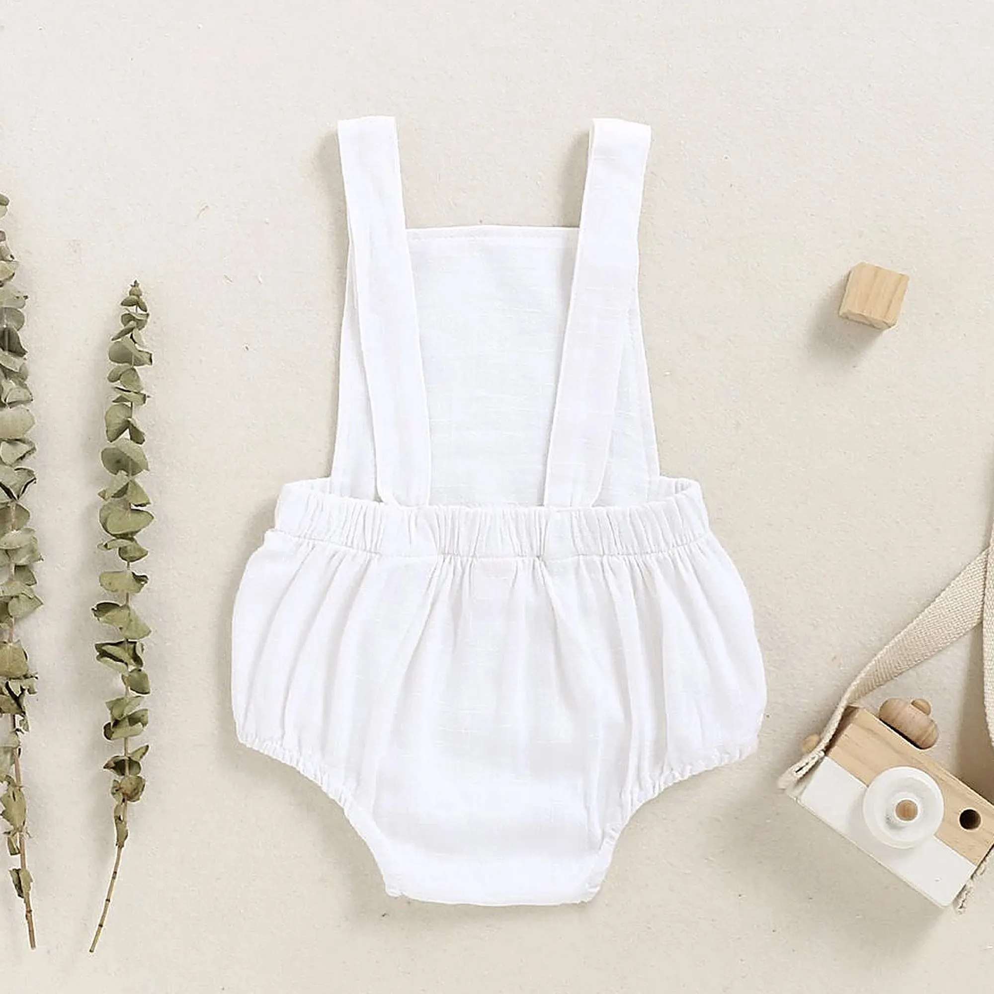 White Baby Boy Romper, First Birthday Smash Cake Outfit Boy, Newborn Linen Overalls