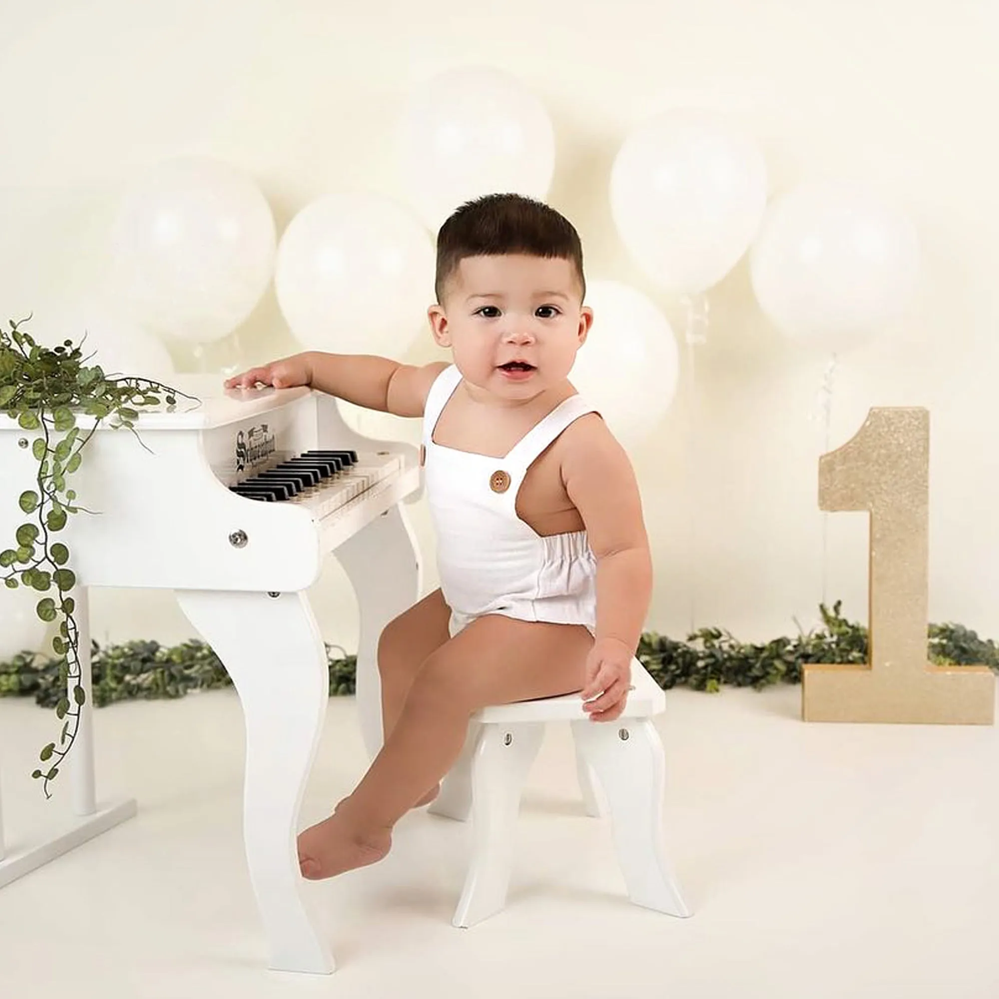White Baby Boy Romper, First Birthday Smash Cake Outfit Boy, Newborn Linen Overalls