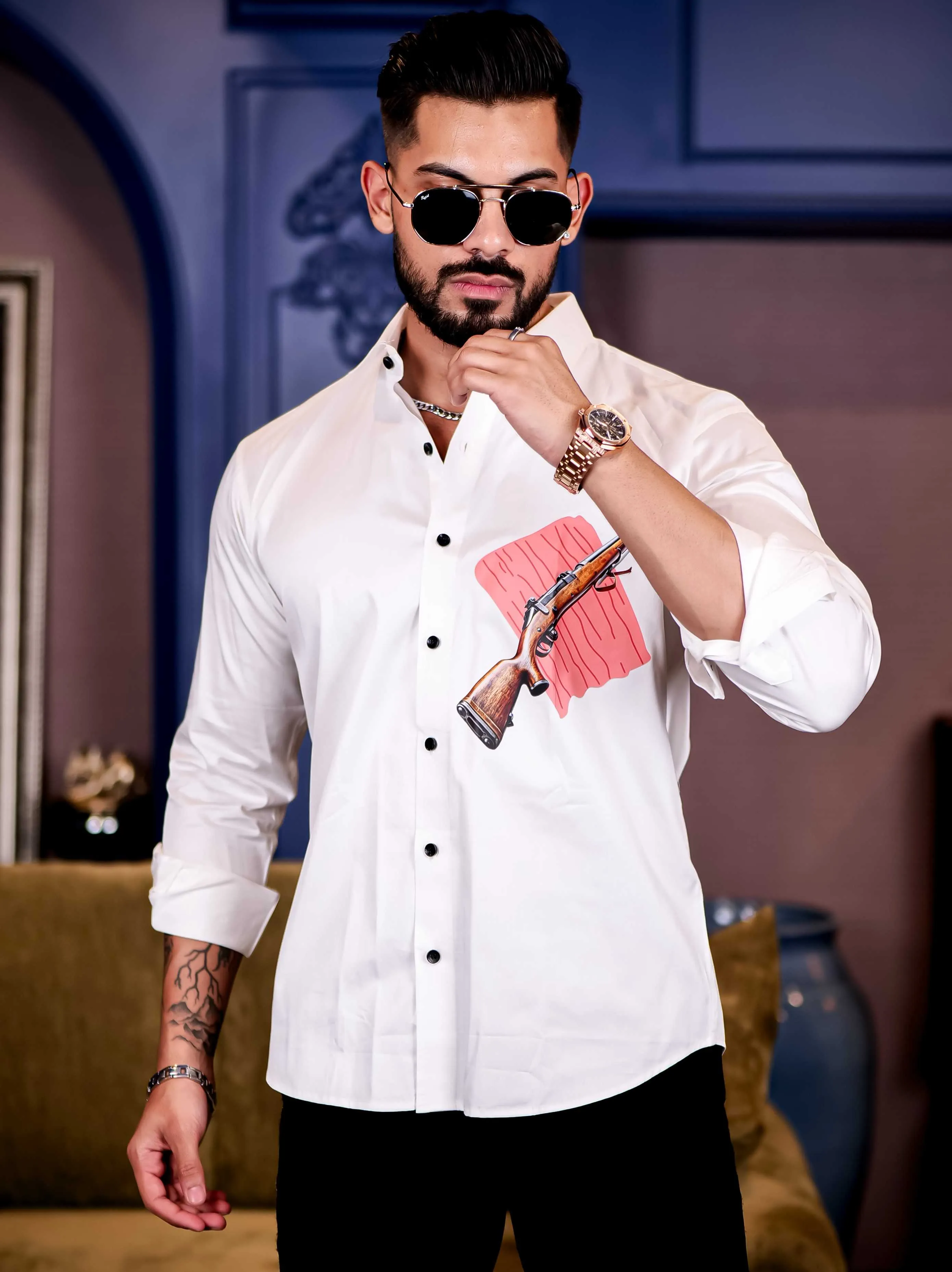 White Club Wear AWM Gun Printed Satin Cotton Shirt
