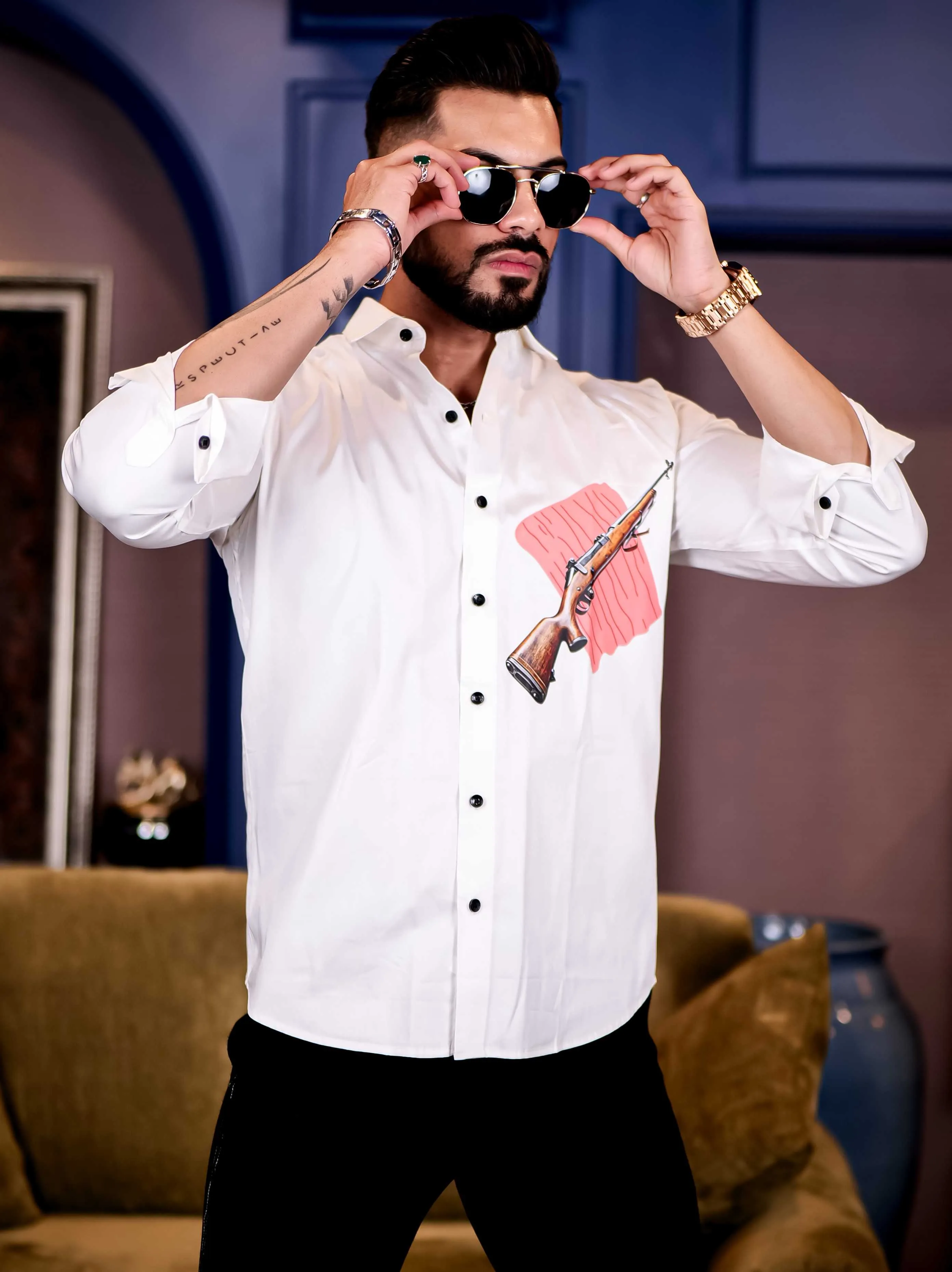 White Club Wear AWM Gun Printed Satin Cotton Shirt