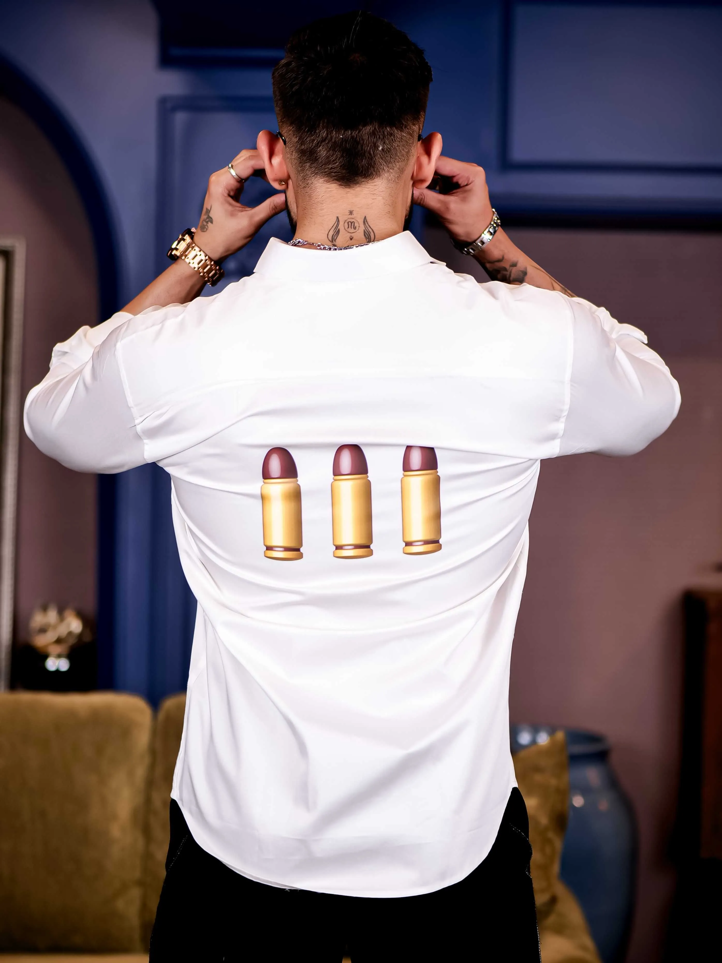 White Club Wear AWM Gun Printed Satin Cotton Shirt