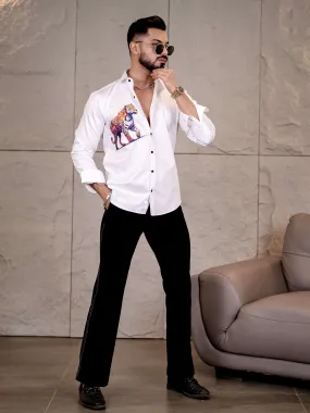 White Club Wear Tiger Printed Satin Cotton Shirt