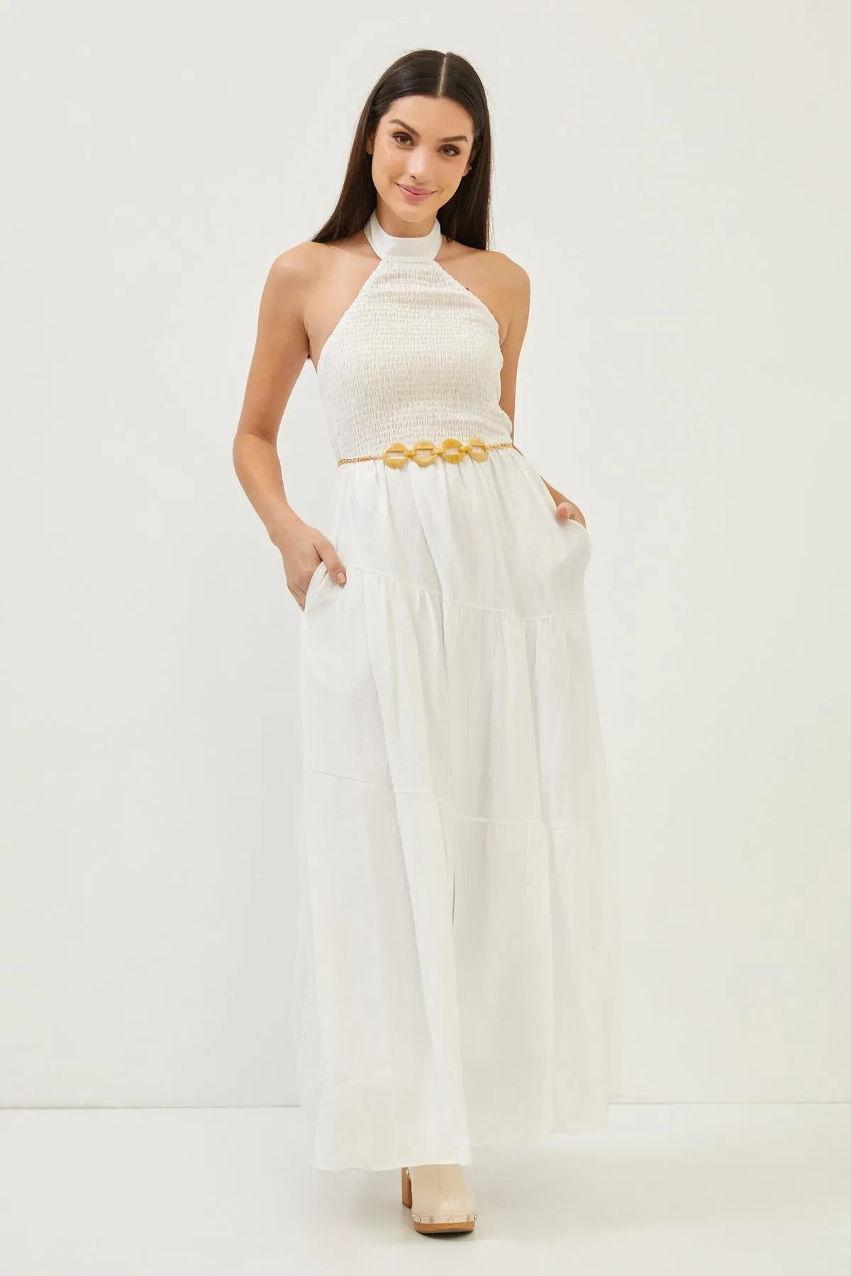 White High Neck Side Pocket Maxi Dress