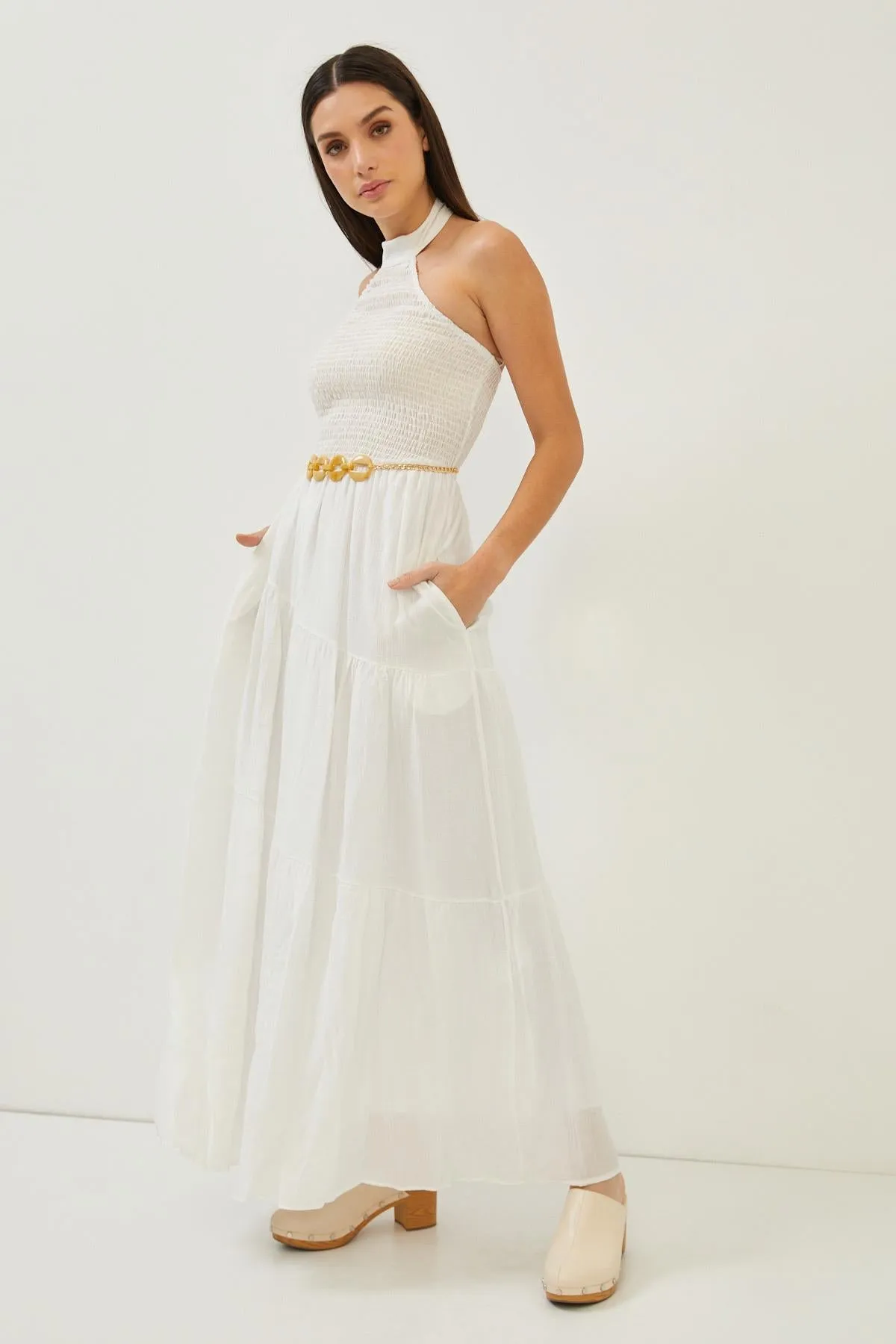 White High Neck Side Pocket Maxi Dress