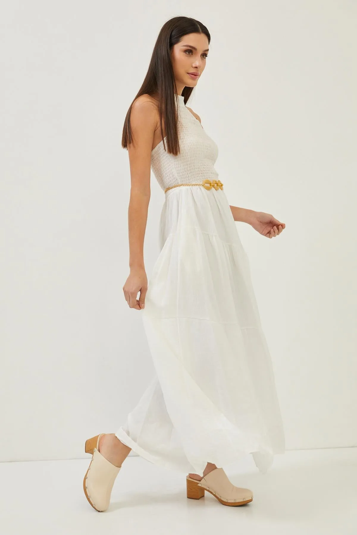 White High Neck Side Pocket Maxi Dress