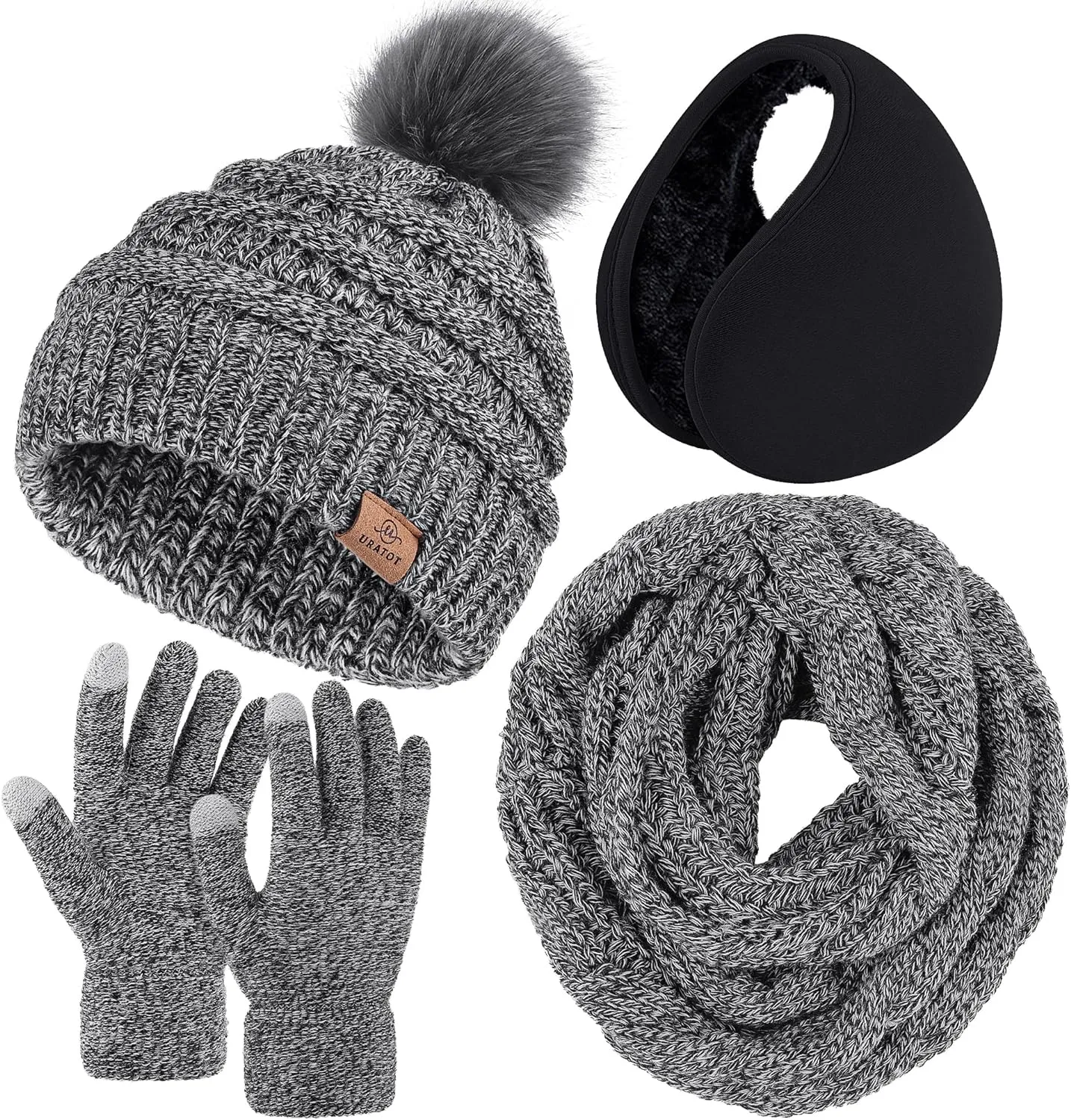 Winter Knit Olive Green Beanie Hat, Scarf, Ear Muff & Gloves Set