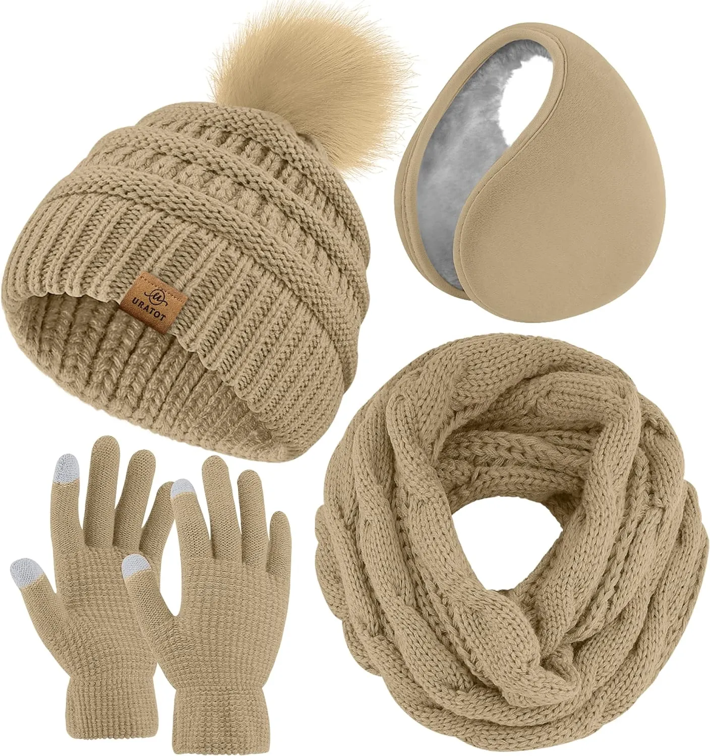Winter Knit Olive Green Beanie Hat, Scarf, Ear Muff & Gloves Set