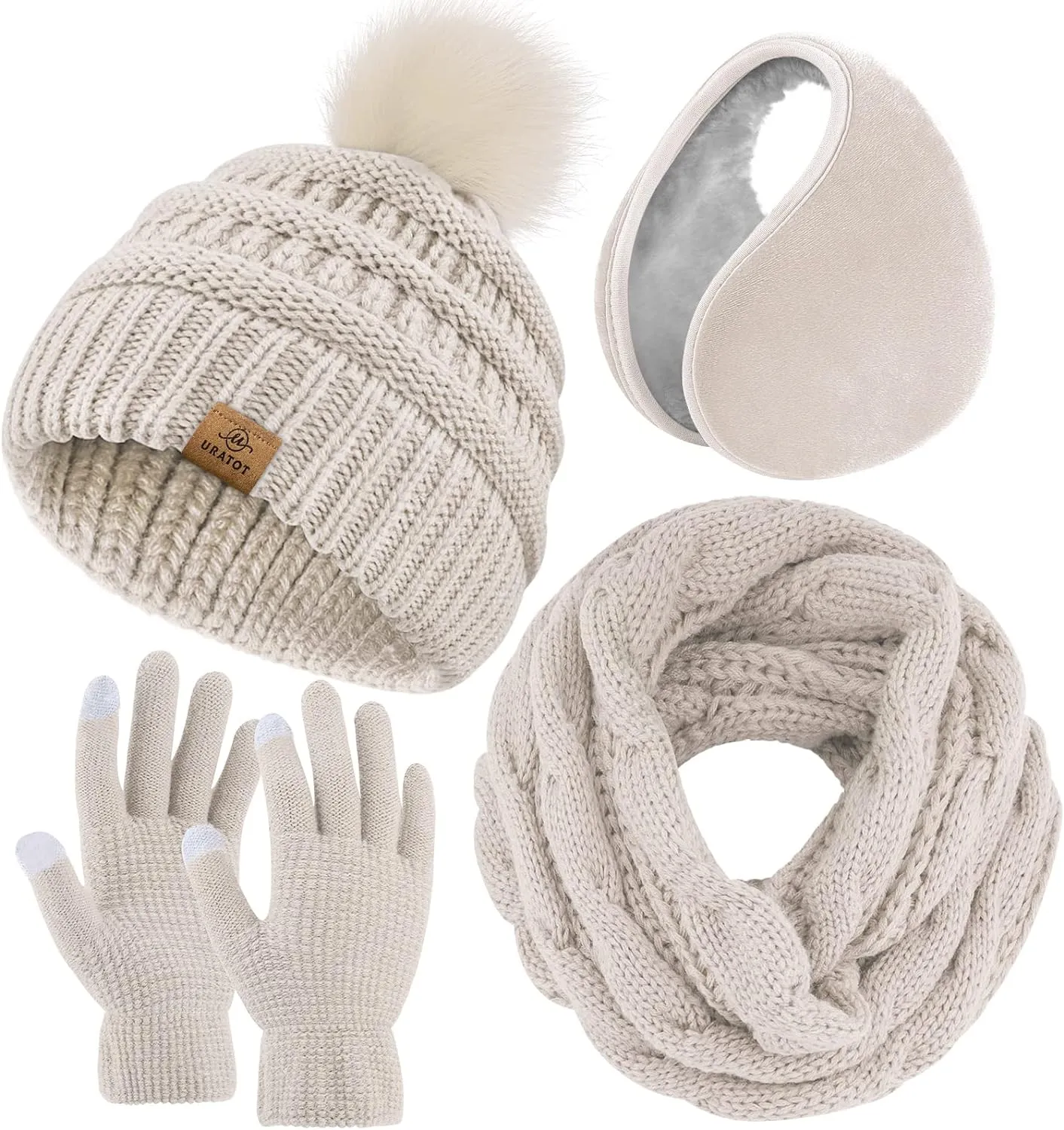 Winter Knit Olive Green Beanie Hat, Scarf, Ear Muff & Gloves Set