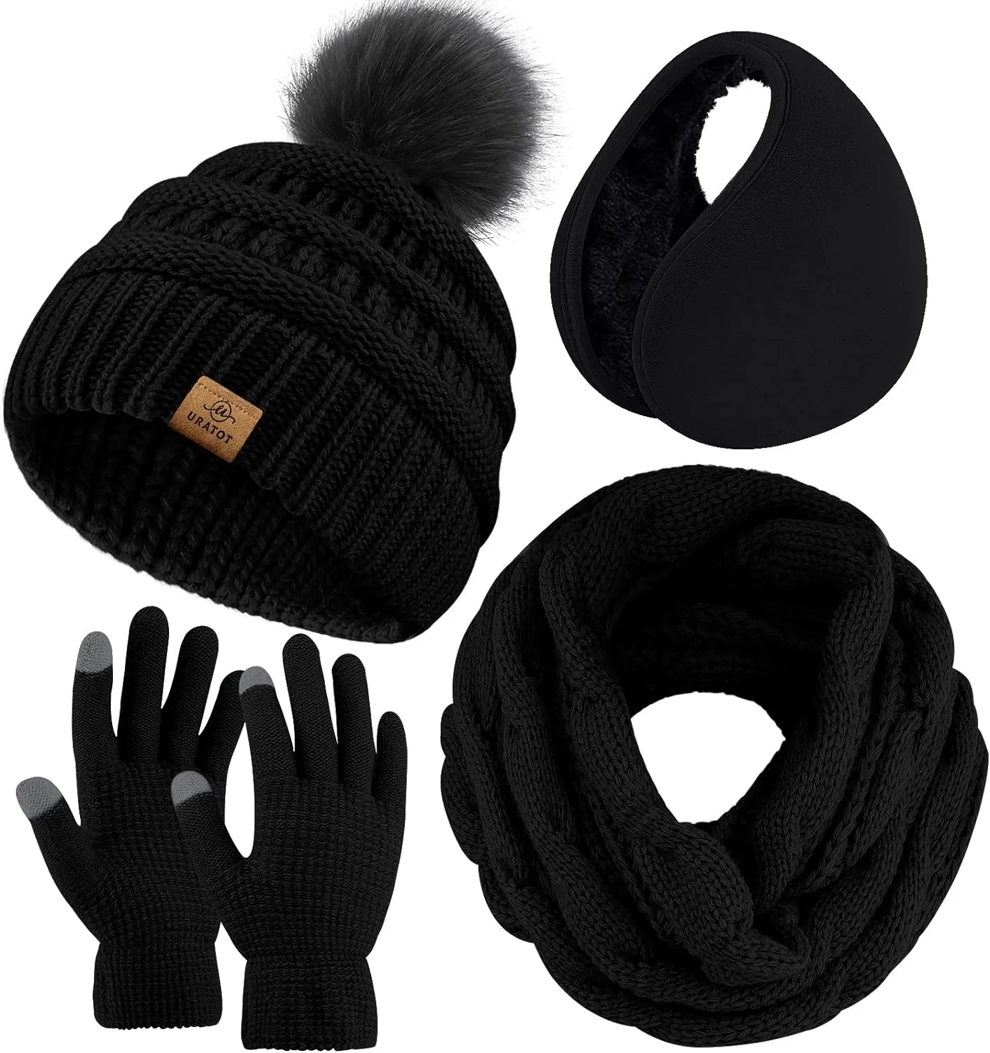 Winter Knit Olive Green Beanie Hat, Scarf, Ear Muff & Gloves Set