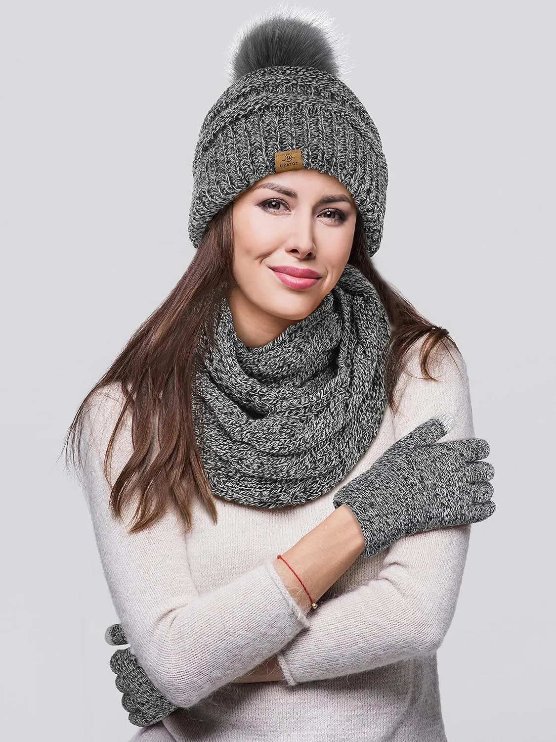 Winter Knit Olive Green Beanie Hat, Scarf, Ear Muff & Gloves Set