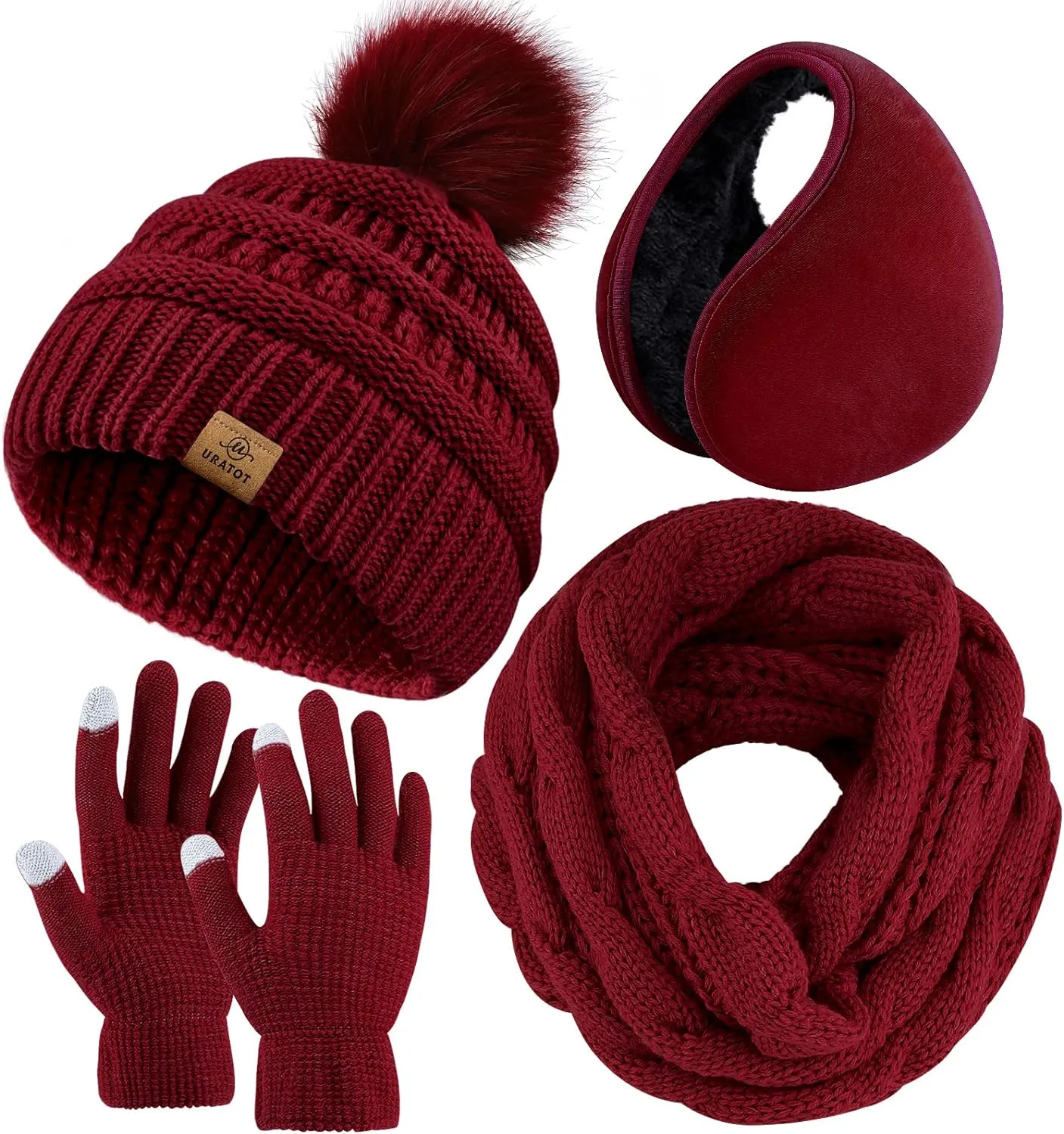 Winter Knit Olive Green Beanie Hat, Scarf, Ear Muff & Gloves Set