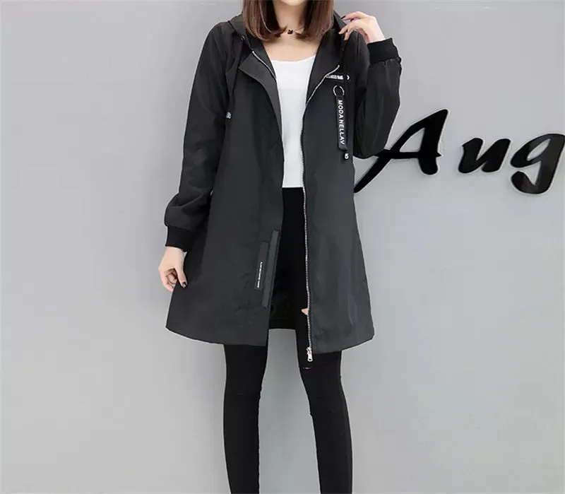 Women's Academia Trench Coat Spring Autumn with Hood Slim Students Clothes Windbreaker Coat